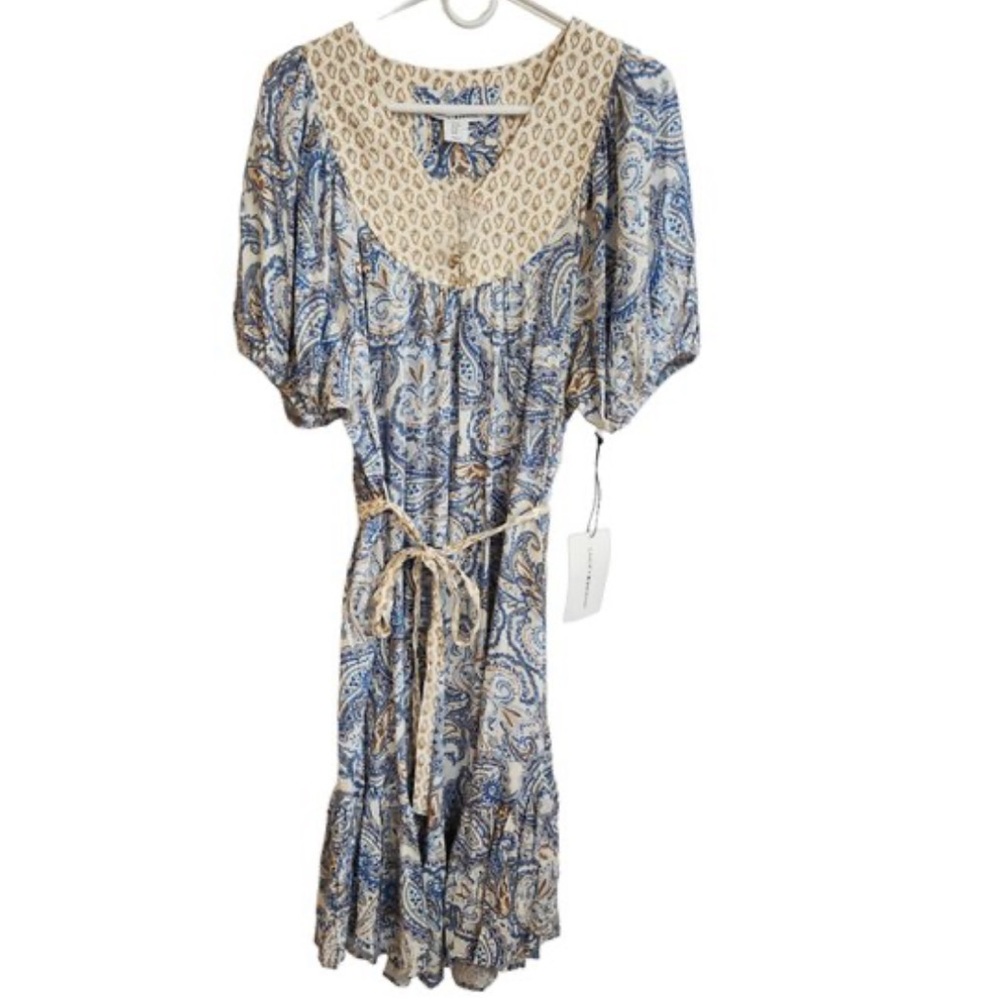 NWT Lucky Brand V-Neck Puff Sleeve Peasant Blue  Paisley Midi Dress in size S